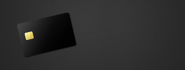 Black credit card template on a dark background banner. 3D illustration
