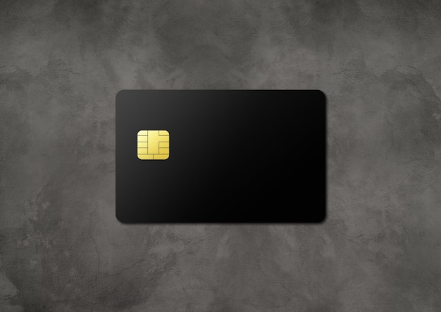 Black credit card template on a dark concrete background. 3D illustration