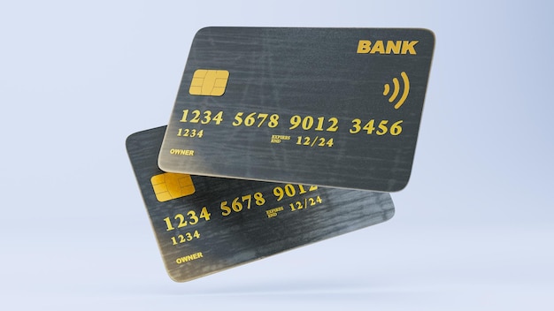 Black credit cards mockup on white background 3D render