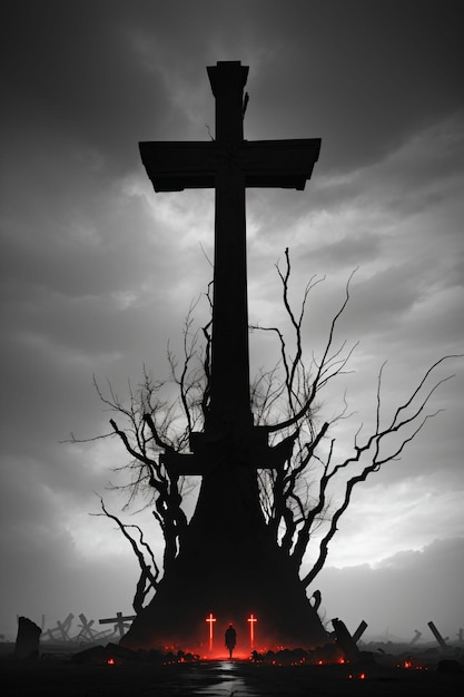 Photo black cross in a dark land with dark clouds