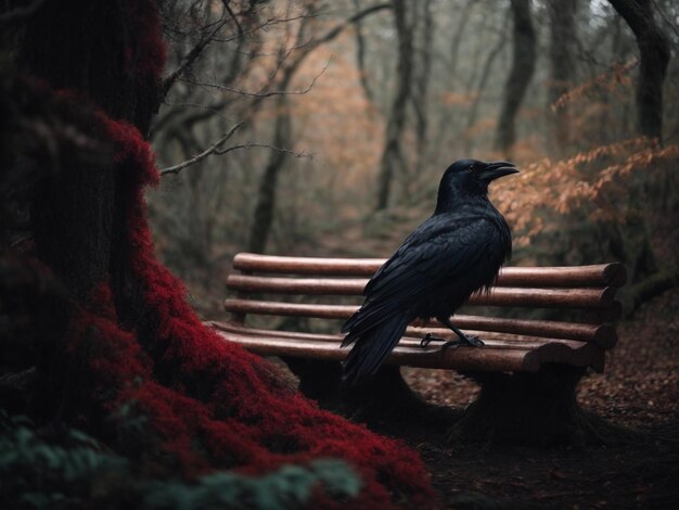 Black crow on a bench