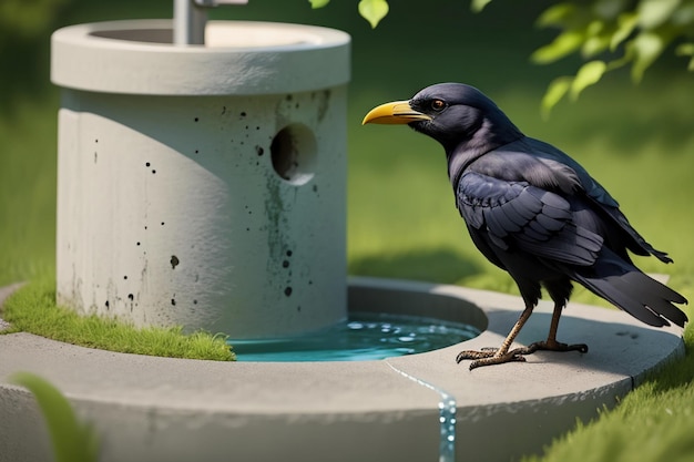 Premium AI Image Black Crow Drinking Water premium-ai-image-black-crow-drinking-water