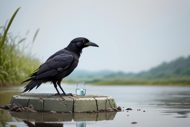 Black crow drinking water