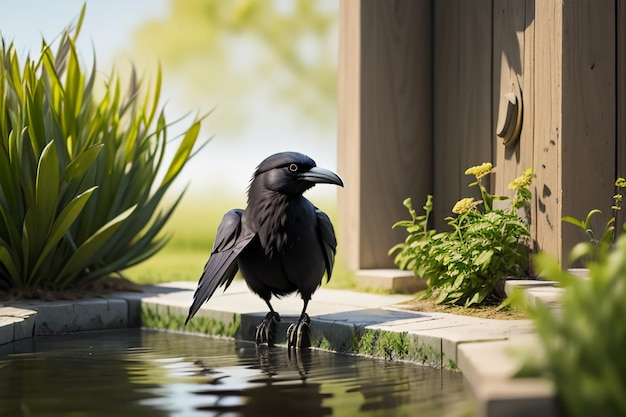Premium AI Image Black Crow Drinking Water premium-ai-image-black-crow-drinking-water