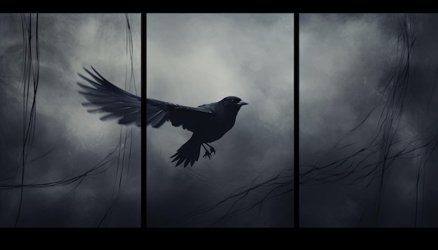 Black crow horror concept surreal triptych composition background