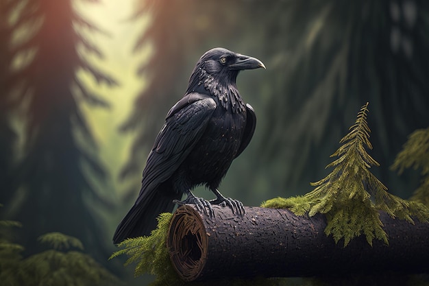 Black crow in the middle of beautiful forest