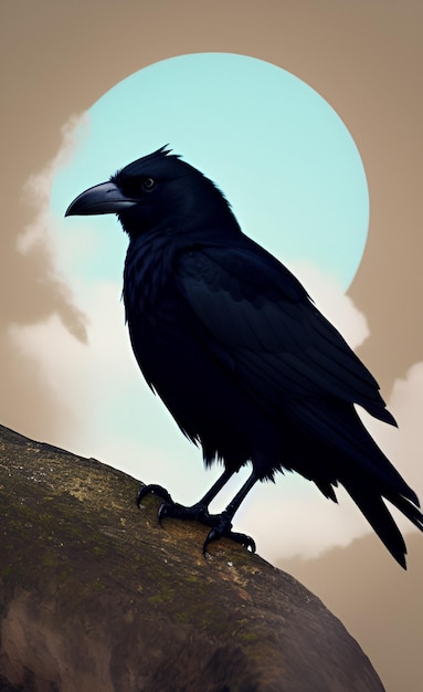 A black crow sits on a branch with the moon in the background.