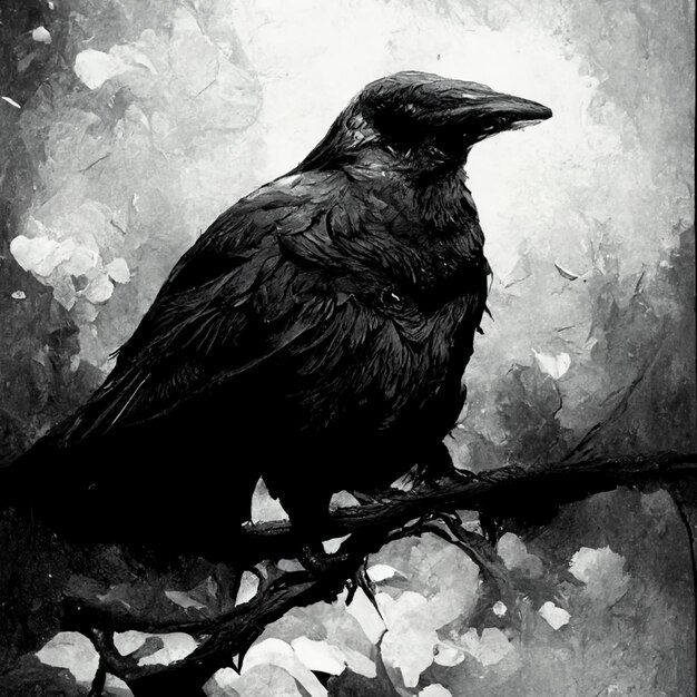Foto un corvo nero siede su un ramo con sopra la parola 