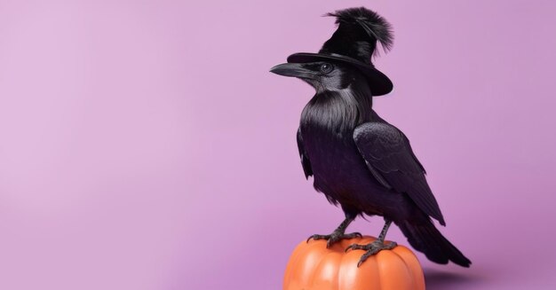 Photo black crow sitting on a pumpkin on a purple background halloween concept generative ai