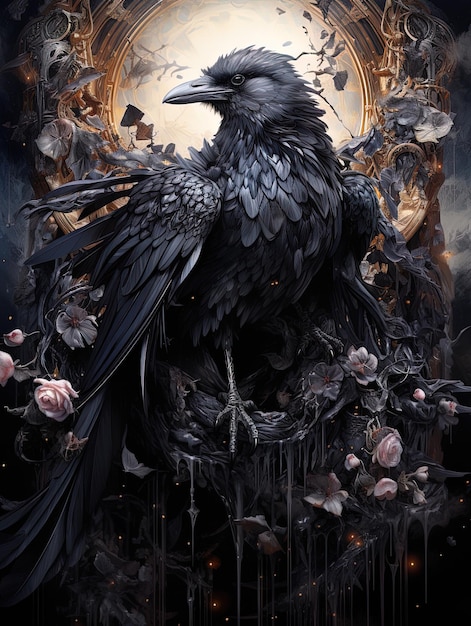 a black crow with a gold background and flowers