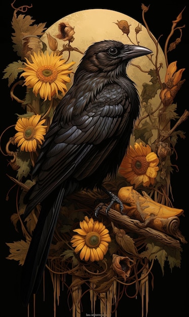 a black crow with yellow flowers in the background