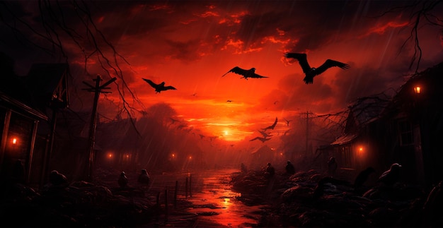 Black crows flying gloomy halloween background AI generated image