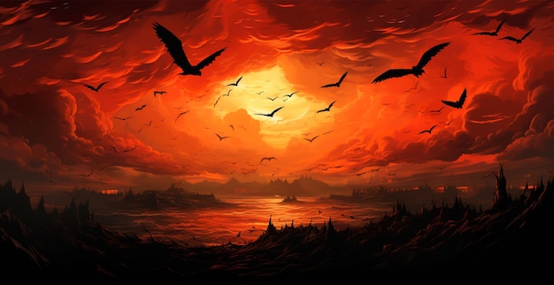 Black crows flying gloomy halloween background AI generated image