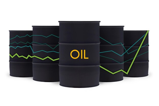 Black crude oil barrels with statistics chart isolated on white Oil prices are rising