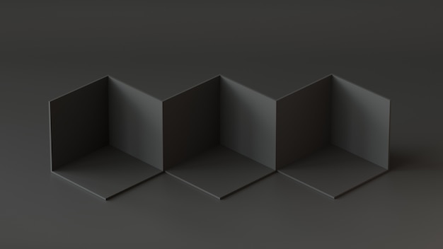 Foto esposizione del contesto delle scatole nere del cubo su fondo nero. rendering 3d.