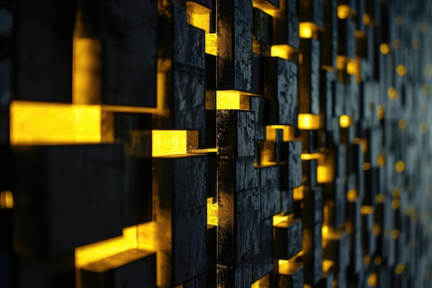 Black cube on wall creates perspective with yellow graphic light