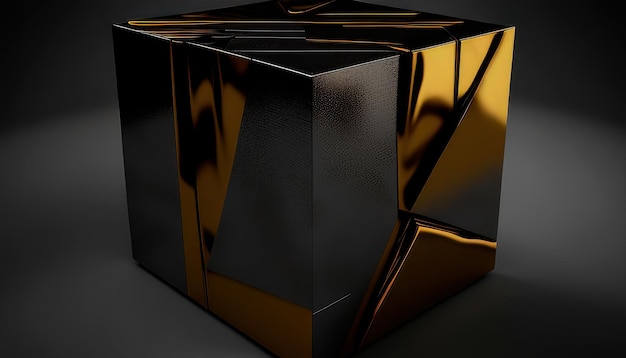 A black cube with gold foil on it