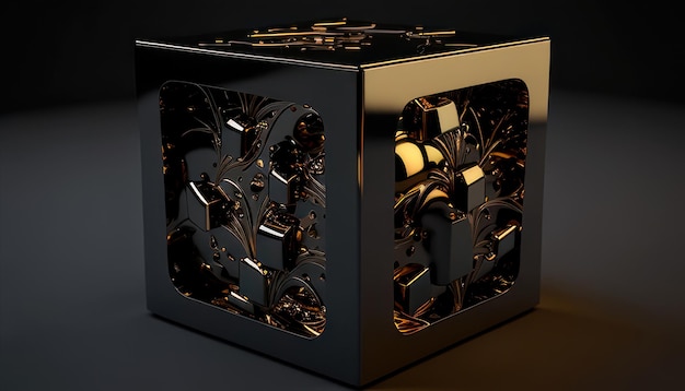 A black cube with gold letters and numbers on it