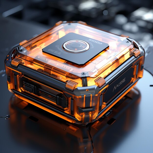 Black cube with orange lights on black background 3d visual illustration photo in the style of futuristic robots