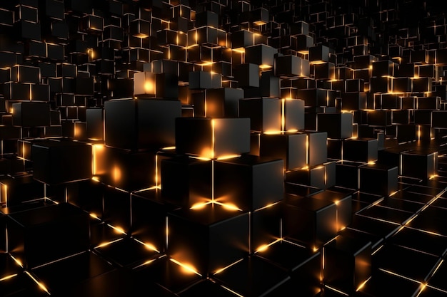 A black cubes with gold lights in the background