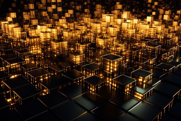 A black cubes with gold lights in the background