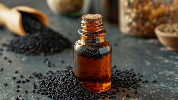 Photo black cumin essential oil in a small bottle selective focus generative ai