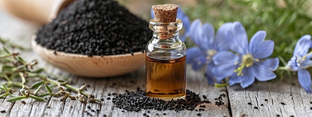 Black cumin essential oil in a small bottle selective focus Generative AI