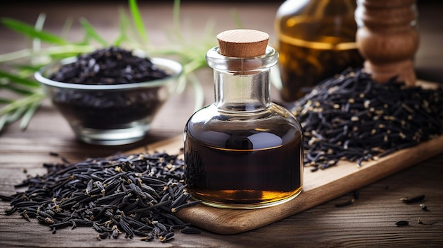 Photo of black cumin essential oil on a wooden background