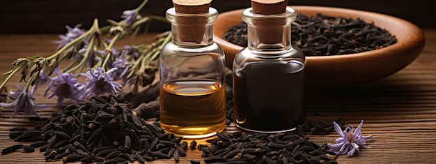 Photo of black cumin essential oil on a wooden background