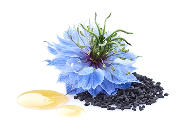 Photo black cumin seeds with nigella sativa flower in closeup