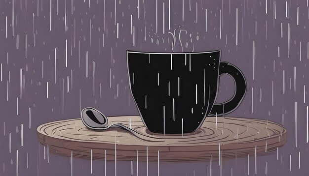 雨の夜の黒いコーヒーカップ