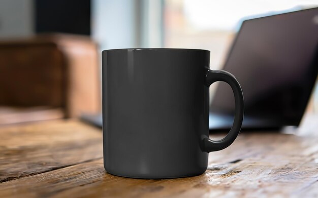 Photo a black cup of coffee on a wooden table