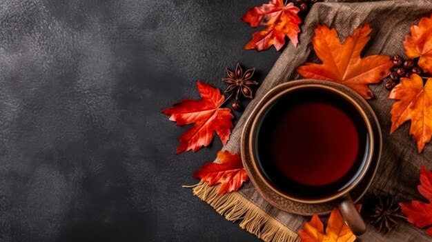 Photo a black cup of tea surrounded by yellow maple leaves