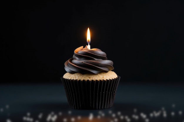 Black Cupcake With Lighted Candle On Black Background Empty Space Generative AI