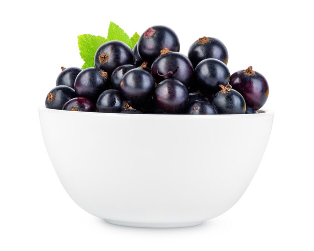 Black currant in bowl isolated on a white background