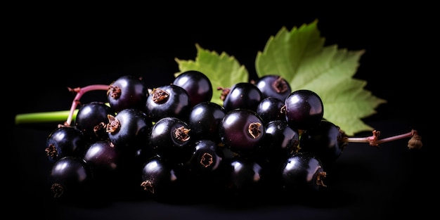 Black currant branch isolated on black background