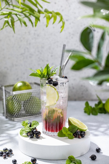 Black Currant Mojito Cocktail Elegant glass filled with cocktail or mocktails surrounded by ingredients on gray table surface Ready for drinking