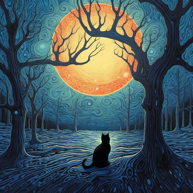 Black Cute Cat art illustration in the field with death trees