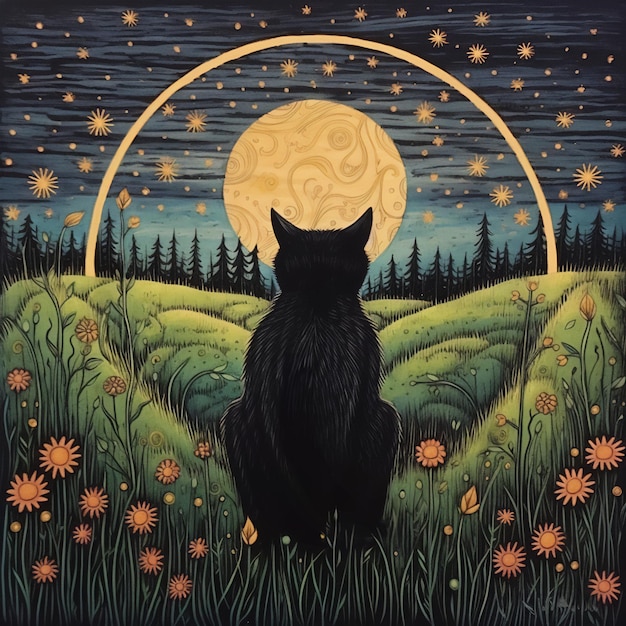 Black Cute Cat art illustration in the field