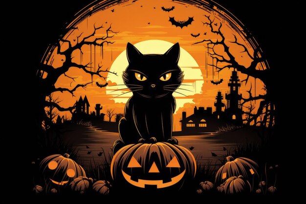 Black cute cat character at happy halloween background copy space