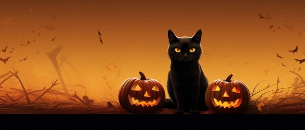 Photo black cute cat character at happy halloween background copy space