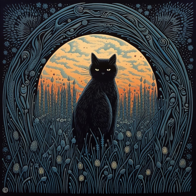 Black Cute Cat kunst illustratie in het veld