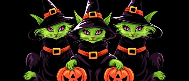 Black cute cats wear witch hats at happy halloween background