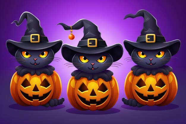 Black cute cats wear witch hats at happy halloween background