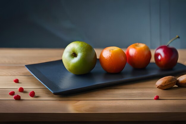 a black cutting board with apples and oranges on it