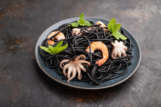 Black cuttlefish ink pasta with shrimps