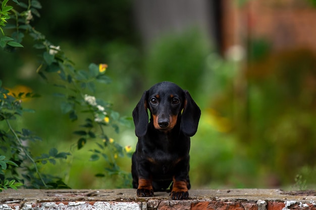 black dachshund dog portrait on green nature background