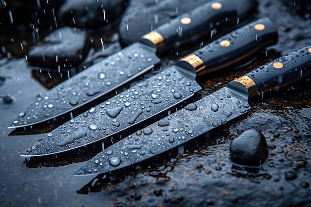 Ножи из черной дамасской стали на деревянной доске под дождем