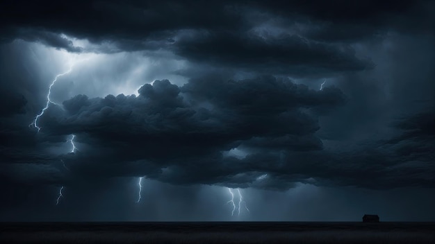 写真 黒い深い黒い青い劇的な夜空 暗い不吉な嵐 雨の雲の背景 雲の雷