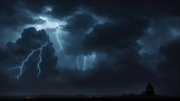 Black dark blue dramatic night sky Gloomy ominous storm rain clouds background Cloudy thunderstorm